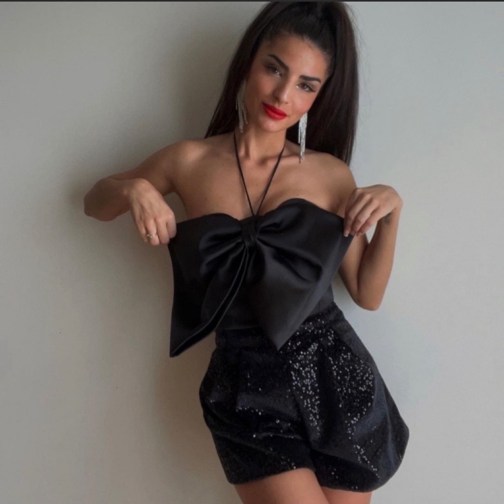 Black bow trim sequin short jumpsuit, romper. - Picture 11 of 13